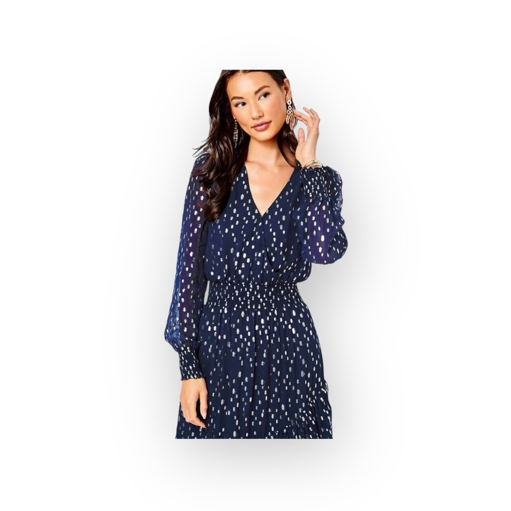 new Lilly Pulitzer 𖦹 Cristiana Chiffon Midi Dress 𖦹 Navy Viscose Metallic 𖦹 4 - Picture 3 of 17